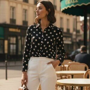 Tuckernuck Juliana Polka Dot Tie Front Blouse NWT Black White Size XS